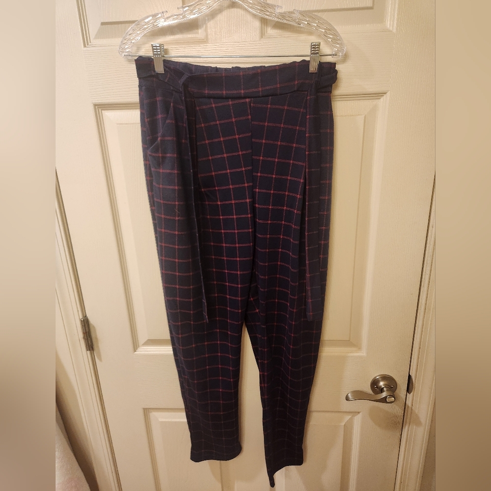 Navy and Red Checkered Pants with Pockets and Belt
